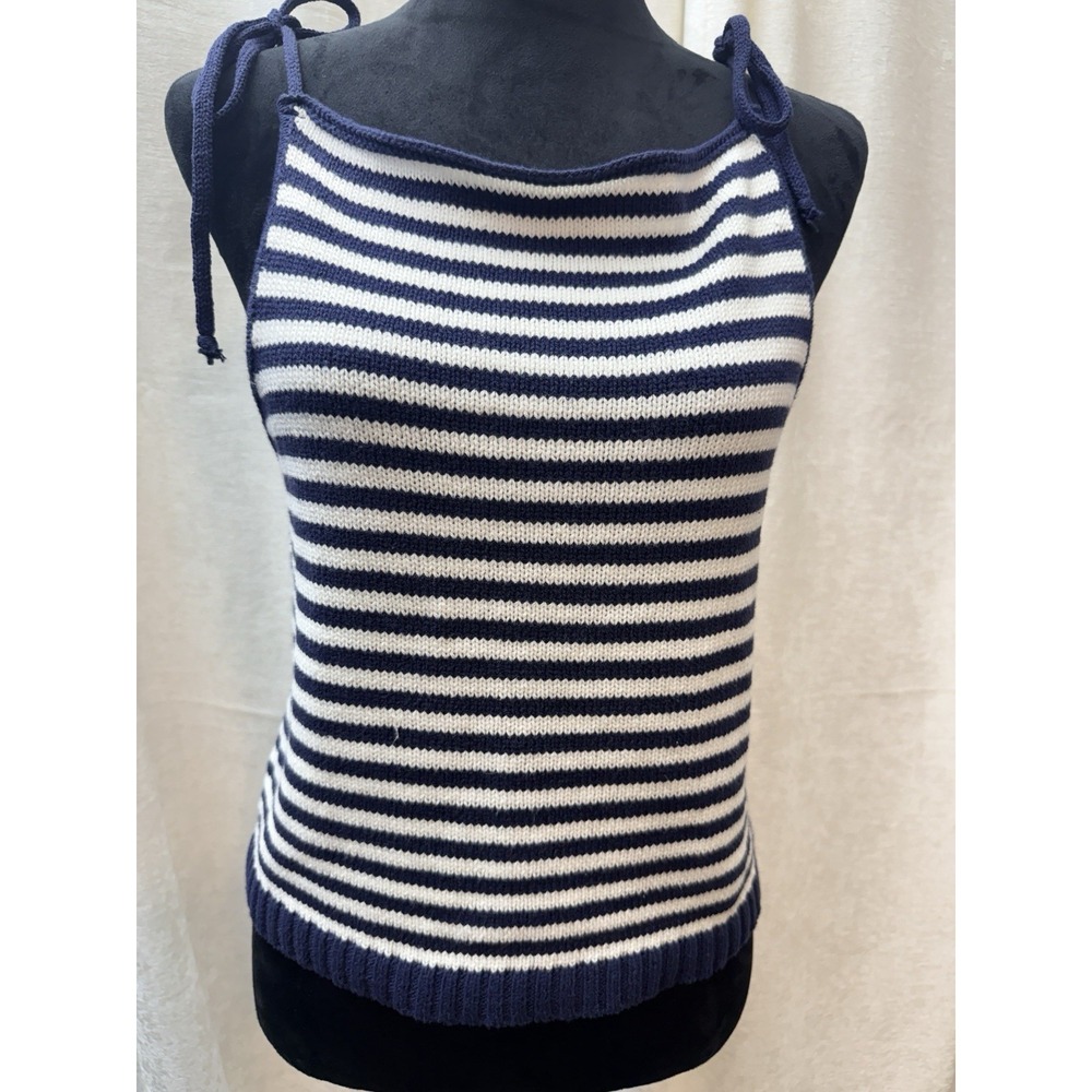 NWT Women Sweater Knit Cami Tank Sz S Navy/White Stripes Nautical Tie Straps